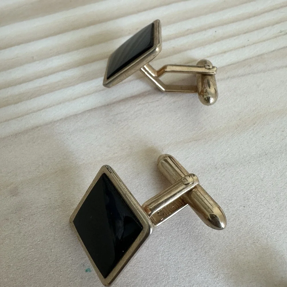 VTG Swank Square Cufflink Formal Shirt Studs Tie Tack 0.5-1 Inch Black Onyx Gold